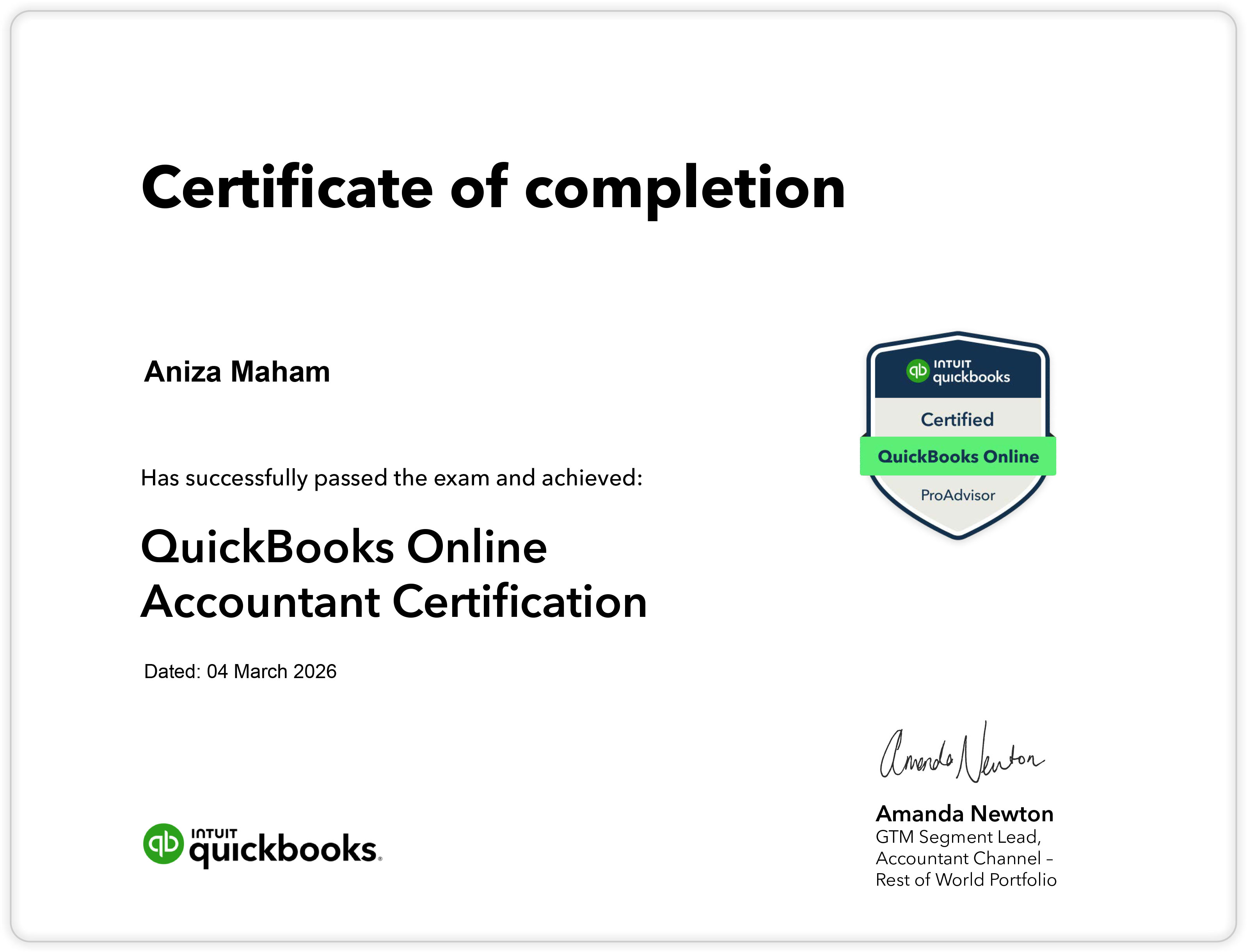 Aniza Maham Certificate